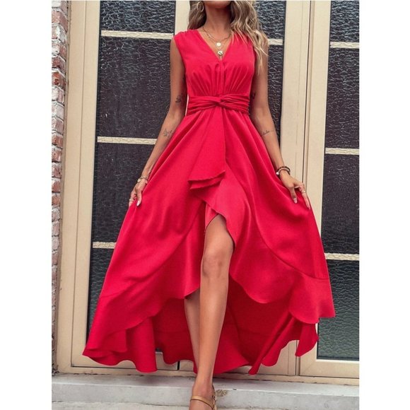 RED High Low Hem Twist Waist Maxi Dress - Picture 7 of 8